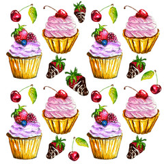 seamless pattern dessert sweetness food cupcake donut candy ice cream croissant macarons strawberry in chocolate watercolor illustration