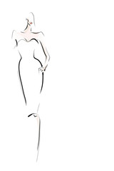 Silhouette of young sexy woman in dress. Fashion sketch, vector