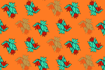 Fototapeta na wymiar Orange Background Red Flowers Blue Leaf Pattern