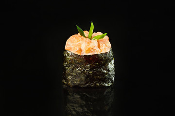 Sushi with salmon on black background for menu. Japanese food