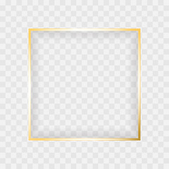 Gold shiny glowing square frame isolated on transparent background. Vector border for creative design