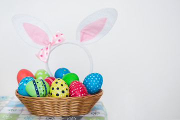 View of colorful easter eggs in a basket