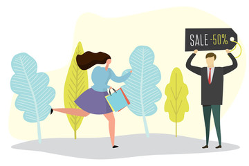 Woman runs for shopping and discounts,businessman with sale label,