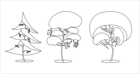 Set of isolated trees and a spruce with fruit in shape of books, pencils and paint brushes. Colouring page, white background, flat cartoon style illustration. Vector.