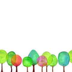 Seamless pattern of watercolor colorful trees on white background