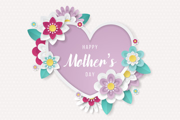 Happy Mothers Day background with beautiful paper cut flowers . Vector illustration