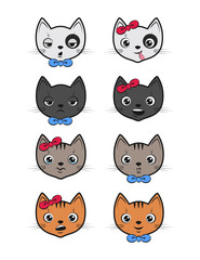 Set of funny cats with bow on the white background. Different kitten with different emotions. Vector illustration in cartoon style