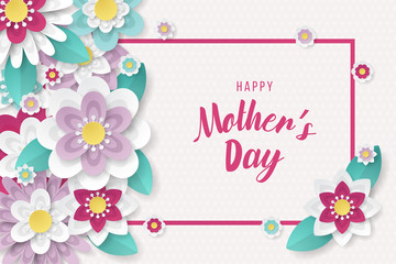 Happy Mothers Day background with beautiful paper cut flowers . Vector illustration