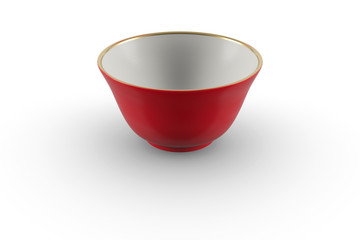 Red and white Japanese or Chinese porcelain empty tea bowl with gold edging