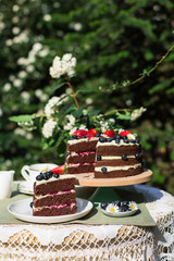Layered chocolate cake decorated with flowers and berries on the garden table. 