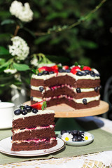 Layered chocolate cake decorated with flowers and berries on the garden table. 