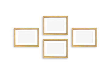 Golden frames collage, four realistic  frameworks isolated on white background, 3D illustration