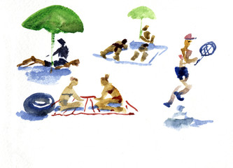 People on the beach. Watercolor hand drawn illustration