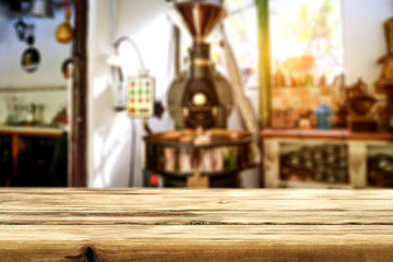 Wooden old desk of free space for your decoration and coffee machine 