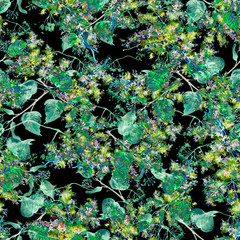 Seamless watercolor vintage pattern - branch of a linden, splash of abstract paint, fashionable art background, shawl. A branch of lavender, wildflowers, linden flowers,leaves.Abstract art background