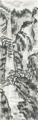 Mountain landscape, waterfall and chinese pines.  Watercolor and ink illustration in style sumi-e, u-sin, go-hua. Oriental traditional painting. Monochrome