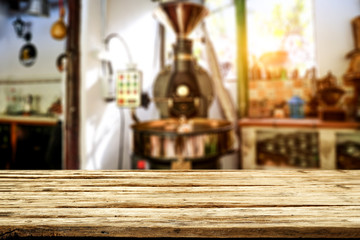 Wooden old desk of free space for your decoration and coffee machine 