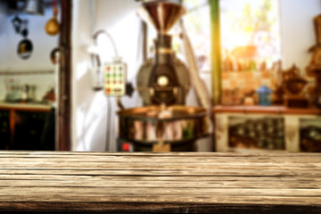 Wooden old desk of free space for your decoration and coffee machine 