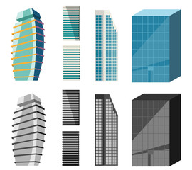 Set of skyscrapers and tall buildings. Buildings of various shapes in color and black and white.