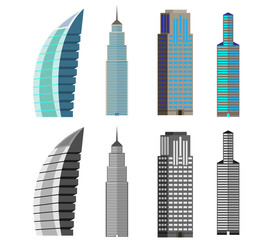 Set of skyscrapers and tall buildings. Buildings of various shapes in color and black and white.