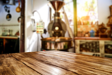Wooden old desk of free space for your decoration and coffee machine 
