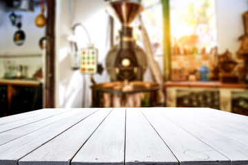 Wooden old desk of free space for your decoration and coffee machine 
