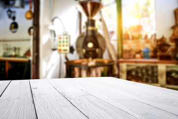 Wooden old desk of free space for your decoration and coffee machine 