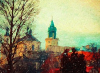 Obraz na płótnie Canvas Beautiful old european town. Vintage cityscape. Oil painting original wall art print in large size for interior design decor. Impressionism modern pictorial. Contemporary mixed drawing on canvas.