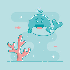 Cute aquamarine laughing whale and corals. Fish and sparkling stars in the background. Linear style illustration. Vector.