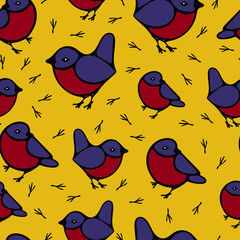 Mustard bird pattern with tit and footprints. Cute simple style.