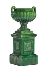 Green antique urn on pedestal plinth