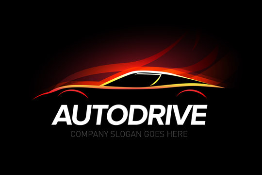 'Autodrive' car logotype with fire background- car service and repair, vector set. Car logo. Isolated auto theme logo. - Vector