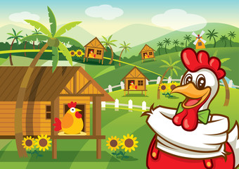 Obraz na płótnie Canvas Cartoon Happy chicken character with chicken farm village background, vector illustration