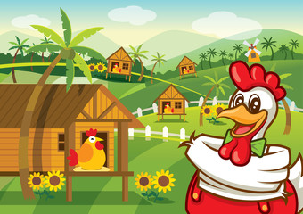 Cartoon Happy chicken character with chicken farm village background, vector illustration