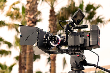 Movie camera on the set with palm trees