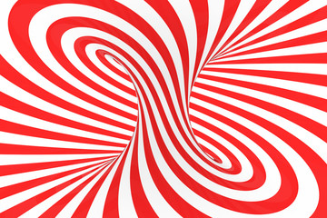 Swirl optical 3D illusion raster illustration. Contrast red and white spiral stripes. Geometric torus image with lines, loops.