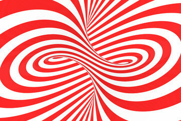 Swirl optical 3D illusion raster illustration. Contrast red and white spiral stripes. Geometric torus image with lines, loops.