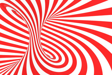 Fototapeta na wymiar Swirl optical 3D illusion raster illustration. Contrast red and white spiral stripes. Geometric torus image with lines, loops.