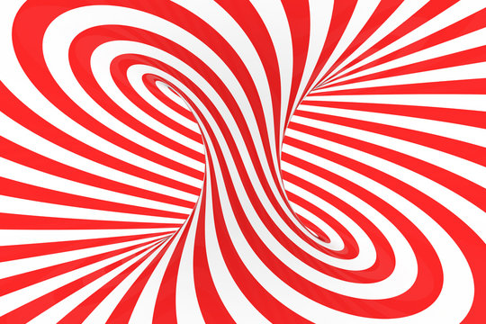 Swirl optical 3D illusion raster illustration. Contrast red and white spiral stripes. Geometric torus image with lines, loops. © gurzart