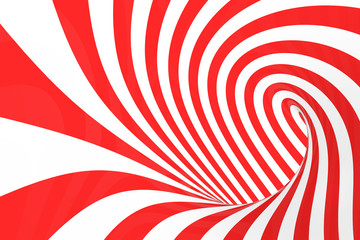 Swirl optical 3D illusion raster illustration. Contrast red and white spiral stripes. Geometric torus image with lines, loops.