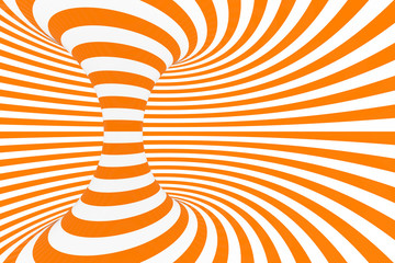 Torus 3D optical illusion raster illustration. Hypnotic white and orange tube image. Contrast twisting loops, stripes ornament.