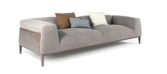 Modern gray fabric sofa with legs and pillows on isolated white background. Furniture, interior...