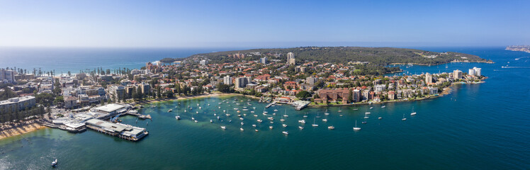 Naklejka premium Aerial panoramic view of the Manly Wharf and harbour in Sydney, Australia