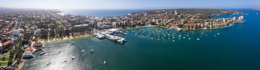 Fototapeta na wymiar Aerial panoramic view of the Manly Wharf and harbour in Sydney, Australia