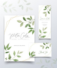 Set of watercolor green leaves cards.