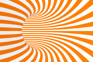 Torus 3D optical illusion raster illustration. Hypnotic white and orange tube image. Contrast twisting loops, stripes ornament.