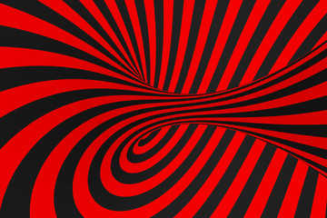 Torus 3D optical illusion raster illustration. Hypnotic black and red tube image. Contrast twisting loops, stripes ornament.
