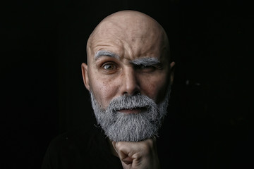 brutal bald bearded man / studio isolate, photo guy with a gray beard, bald head