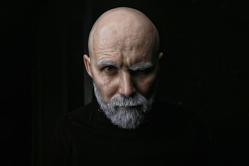 brutal bald bearded man / studio isolate, photo guy with a gray beard, bald head