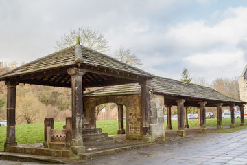 Bingley's ancient market hall complete with stocks ready for dodgy traders